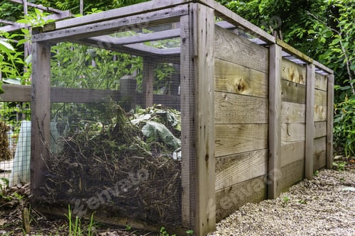 Preview: Large Compost Bin, Made Of Wood And Wire Mesh, In A Community Garden, Early Summer In Illinois, For
