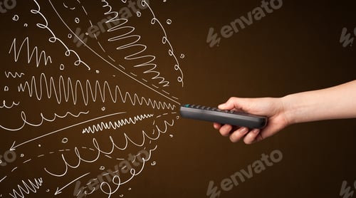 Preview: Hand Holding A Remote Control, Curly Lines And Arrows Coming Out Of It