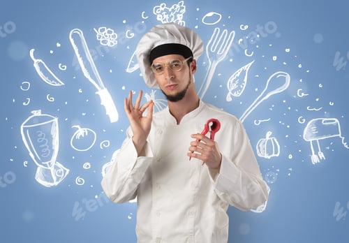 Preview: Young Cook With Kitchen Instruments And Drawn Recipe Concept On Wallpaper