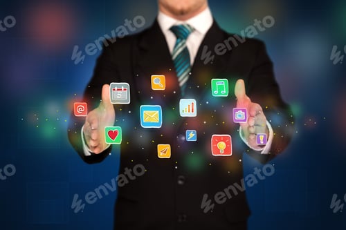 Preview: Elegant Businessman Holding Colorful Mixed Media Icons