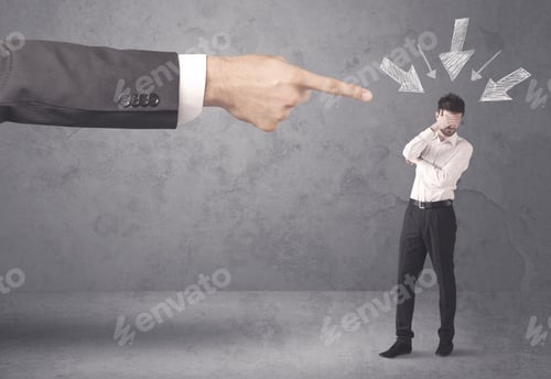 Preview: An Office Boss Blaming Young Amateur And Beginner Business Person With Big Hand, Drawn Arrows