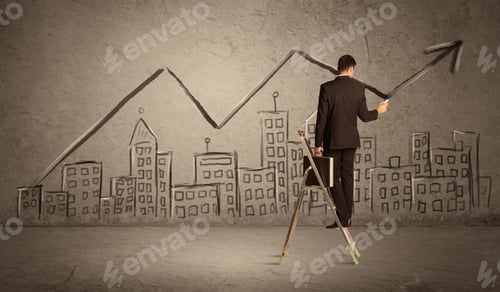 Preview: A Man In Elegant Suit Standing On A Small Ladder And Drawing A Line On Brown Wall Background With