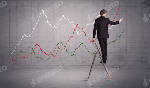 Preview: A Guy In Modern Suit Standing On A Small Ladder And Drawing A Chart On Grey Wall Background With