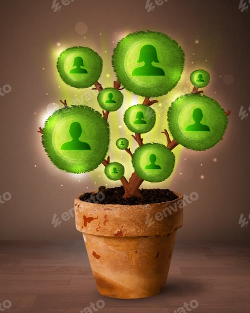 Preview: Shining Social Network Tree Coming Out Of Flowerpot