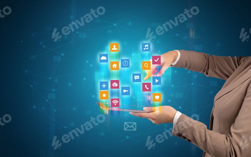Preview: Female Elegant Hand Holding Tablet With Colourful Application Icons