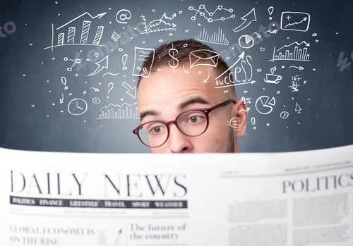 Preview: Young Smart Businessman Reading Daily Newspaper With Business Plan Graphics Above His Head