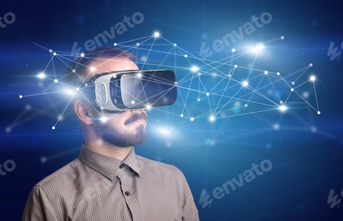 Preview: Amazed Businessman With Virtual Reality Network Concept In Front Of Him
