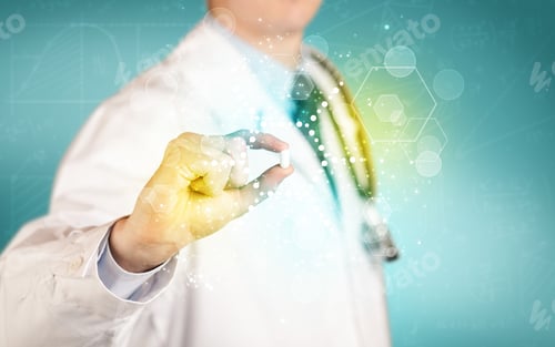 Preview: A Male Doctor In White Coat With A Stethoscope Holding A Pill With Glowing Colorful Dots And Lines