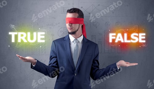 Preview: Businessman With Red Ribbon On His Eye Deciding True Or False