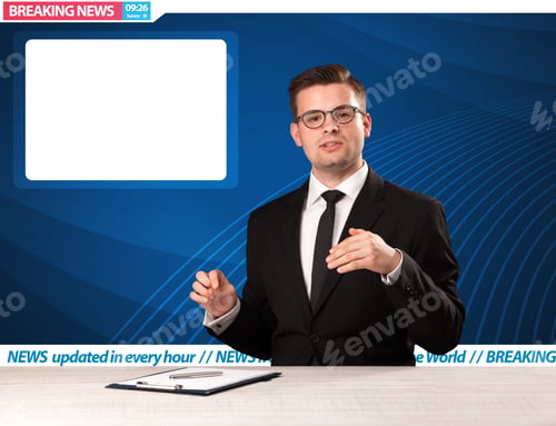 Preview: Television Reporter Telling Breaking News At His Studio Desk With Copy Space Concept