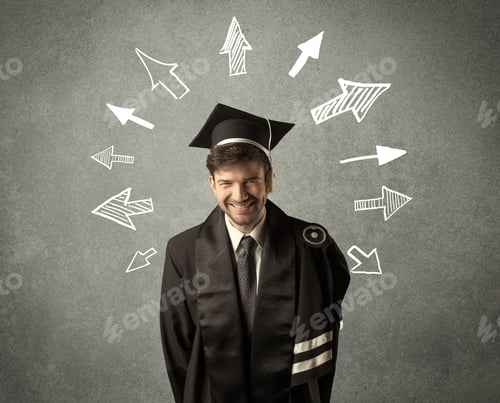 Preview: Young Graduate Student With Hand Drawn Arrows On Wall