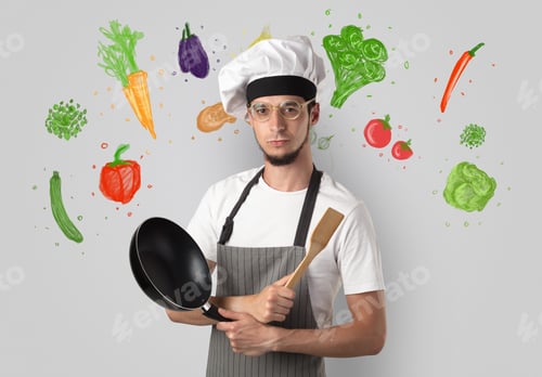 Preview: Bearded Cook With Colourful Drawn Vegetables On A White Wallpaper