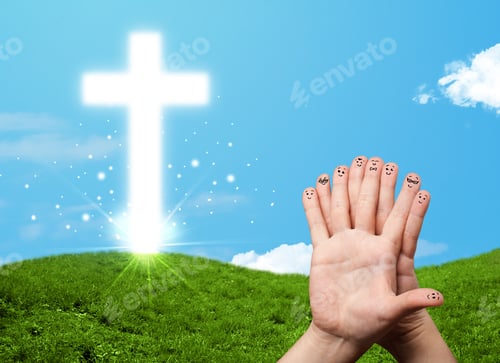 Preview: Happy Finger Smiley Faces On Hand With Christian Religion Cross
