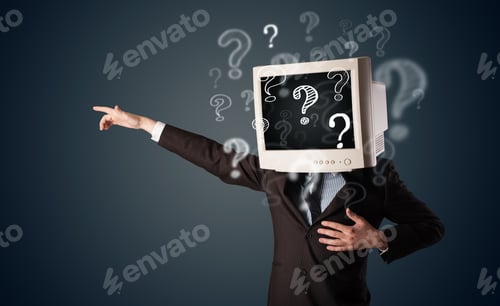 Preview: Businessman With A Computer Monitor Head And Question Marks