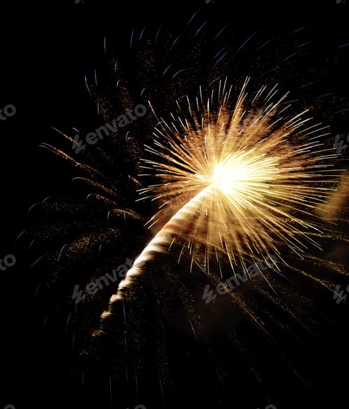 Preview: White-Hot Burst Of Fireworks With Feathery Rocket Trail Among Reddish And Bluish Embers From