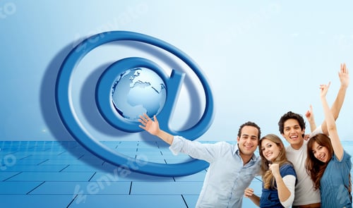 Vista previa: Grupo de personas con un signo AT sobre fondo azul