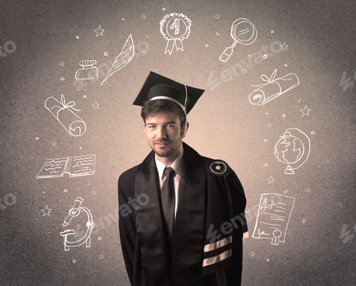 Preview: Happy Graduate Teenager With Hand Drawn School Icons Above His Head