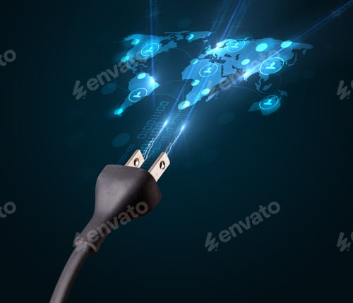 Preview: Glowing Social Network Icons On World Map Coming Out Of Electric Cable