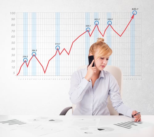 Preview: Beautiful Young Businesswoman Calculating Stock Market With Rising Graph In The Background