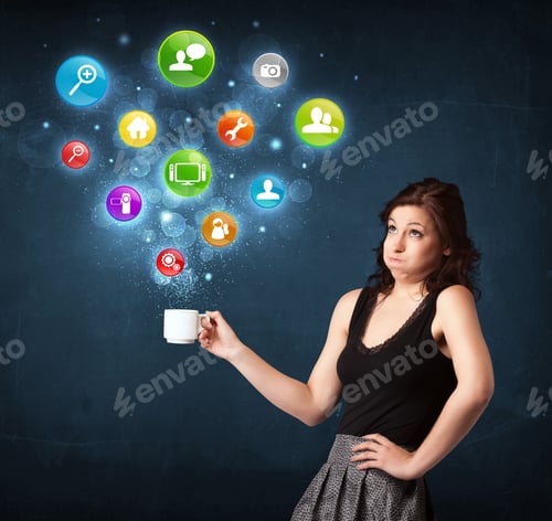 Preview: Businesswoman Standing And Holding A White Cup With Colorful Setting Icons Coming Out Of The Cup