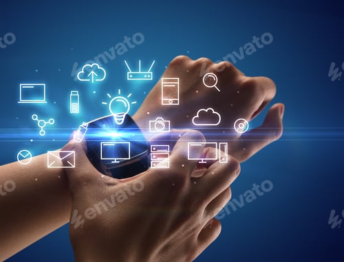 Preview: Close Up Female Hand With Smartwatch And Multimedia Symbols Around And Blue Background