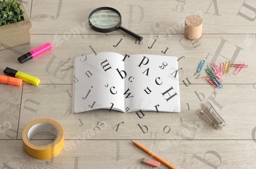 Preview: Open Notebook On The Floor With Office Instruments Nearby And Letters On It