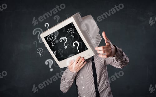 Preview: Businessman With A Computer Monitor Head And Question Marks