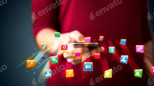 Preview: Man Holding Smartphone With Technology Application Icons Comming Out