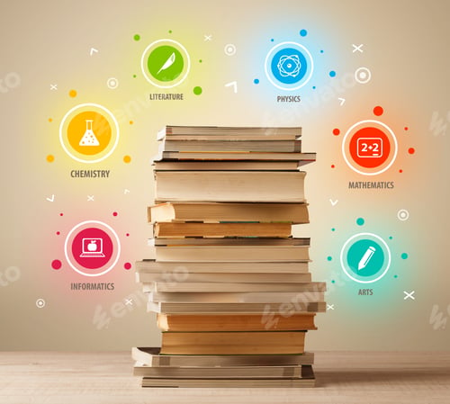 Preview: Books On Top With Colorful Symbols On Vintage Old Background