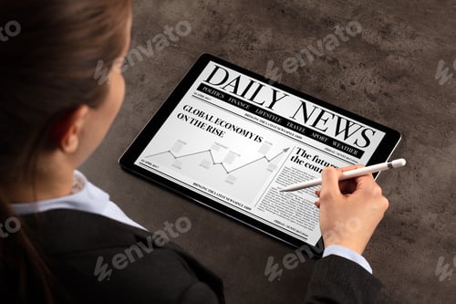 Preview: Business Woman Reading News On Tablet