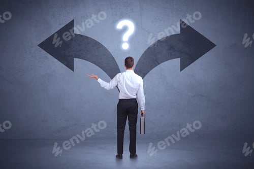 Preview: Businessman Taking A Decision While Looking At Arrows On The Wall Concept Background