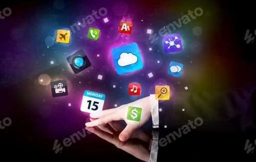 Preview: Male Hands Touching Interactive Table With Colorful Application Icons On It