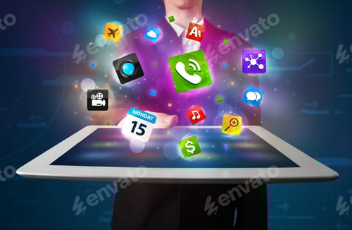 Preview: Young Businessman Holding A Tablet With Modern Colorful Apps And Icons