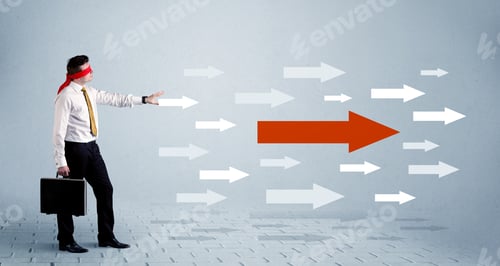 Preview: A Lost Young Sales Person With Blindfolds Trying To Find The Right Path Concept With Large Blue