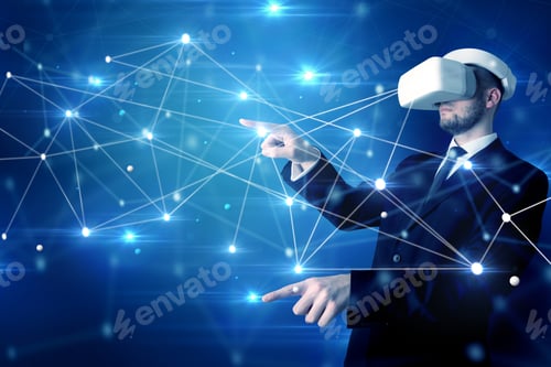 Preview: Businessman In Virtual Reality Goggles Investigate Global Network Connectivity Concept