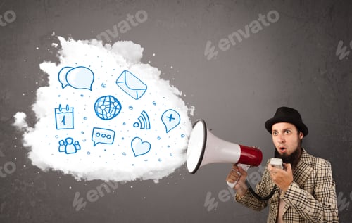 Preview: Young Man Shouting Into Loudspeaker And Modern Blue Icons And Symbols Come Out