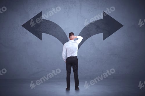 Preview: Businessman Taking A Decision While Looking At Arrows On The Wall Concept Background