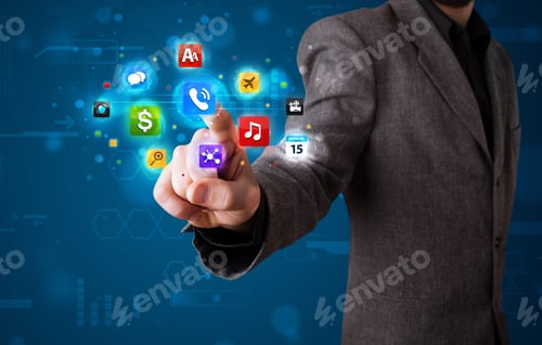 Preview: Young Businessman Pressing Various Collection Of Buttons