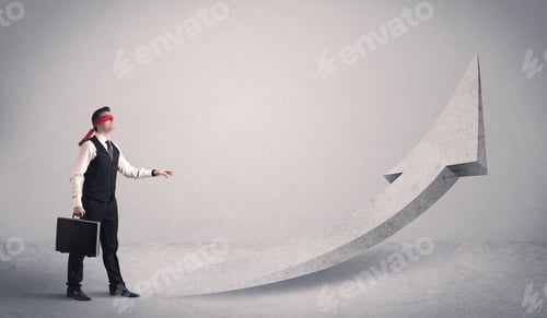 Preview: A Scared Blindfolded Businessman Forced To Face A Problem Concept With Illustrated Arrow Pointng To