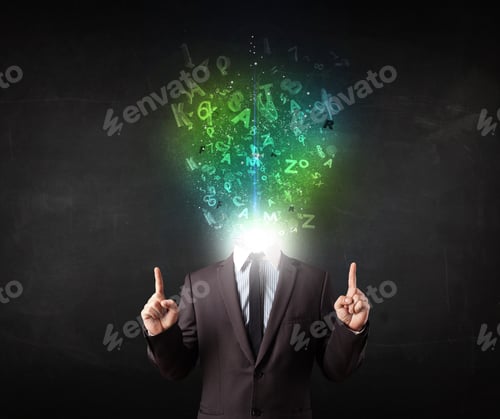 Preview: Business Man With Abstract Glowing Letters On Head Concept