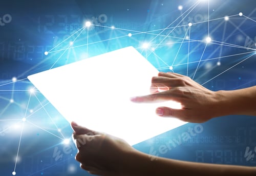 Preview: Young Female Hand Holding A Tablet With Numbers In The Background