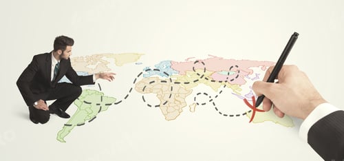 Preview: Businessman Looking At Map And Route Drawn By Hand Concept On Background