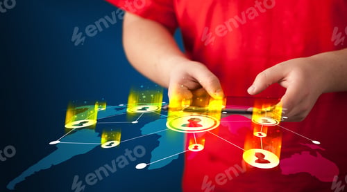 Preview: Hand Holding Tablet Device With Social Network Map Concept On Background