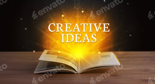 Preview: Creative Ideas Inscription Coming Out From An Open Book, Educational Concept
