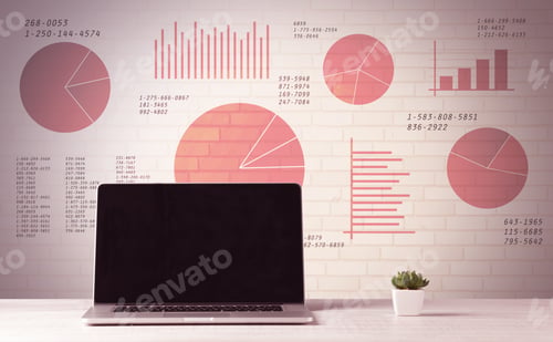 Preview: A Professional Laptop With Blank Screen Sitting On A White Office Desk In Front Of Wall Full Of Pie