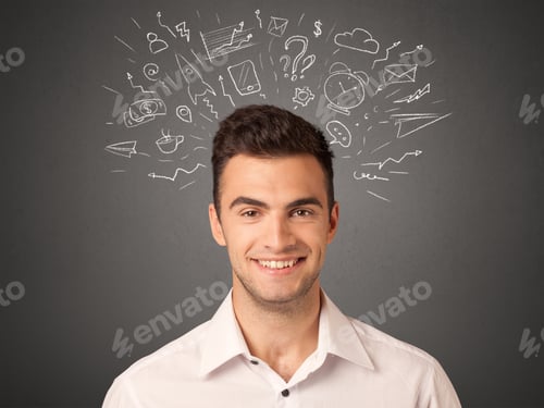 Preview: Young Casual Businessman With White Social Icons Around His Head
