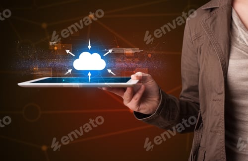 Preview: Casual Young Woman Holding Tablet With Cloud Concept