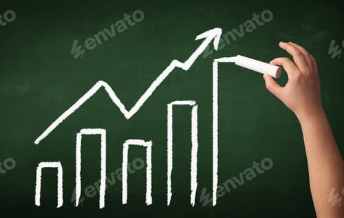 Preview: A Grown Up'S Hand Drawing Chart With Exponentially Growing Arrow On Green Chalkboard