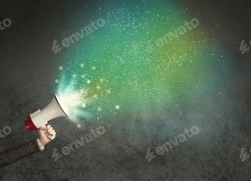Preview: Caucasian Business Hand Holding Megaphone With White Sparkles On A Grunge Background