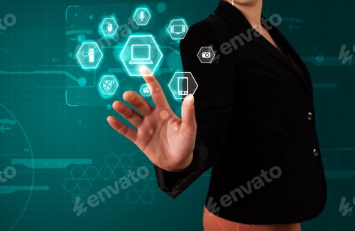Preview: Young Girl Pressing Virtual Media Type Of Buttons